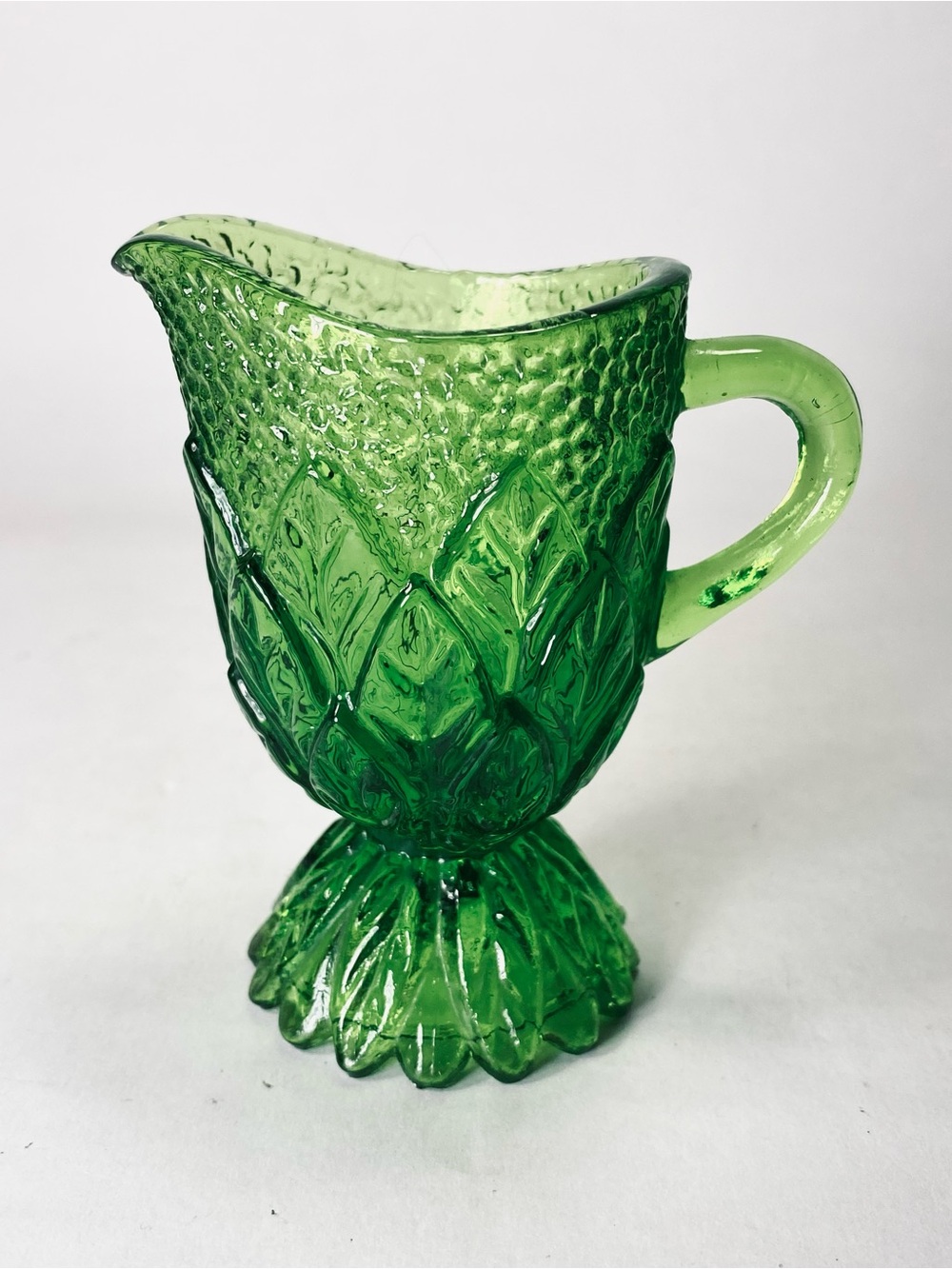 Vintage Kanawha Pressed Glass Creamer Leaf Green UV Reactive Glass Glows